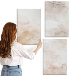 3 Piece Canvas Set - Watercolor Spots & Leaves in Pastel Colors, Beige Large Wall Art, Natural Textures Hanging - thumbnail 3