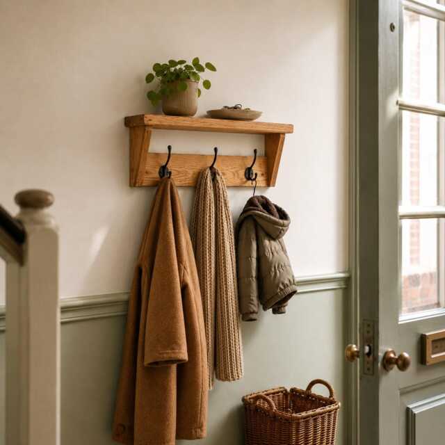 Slim Wall Mounted Coat Rack & Shelf, Solid Oak, Narrow Hallway, 2-12 Hooks, Handmade - image 1
