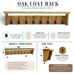 Slim Wall Mounted Coat Rack & Shelf, Solid Oak, Narrow Hallway, 2-12 Hooks, Handmade - thumbnail 4