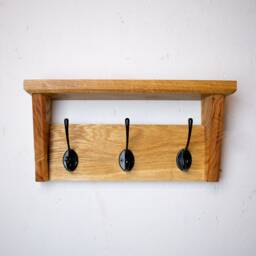 Slim Wall Mounted Coat Rack & Shelf, Solid Oak, Narrow Hallway, 2-12 Hooks, Handmade - thumbnail 3