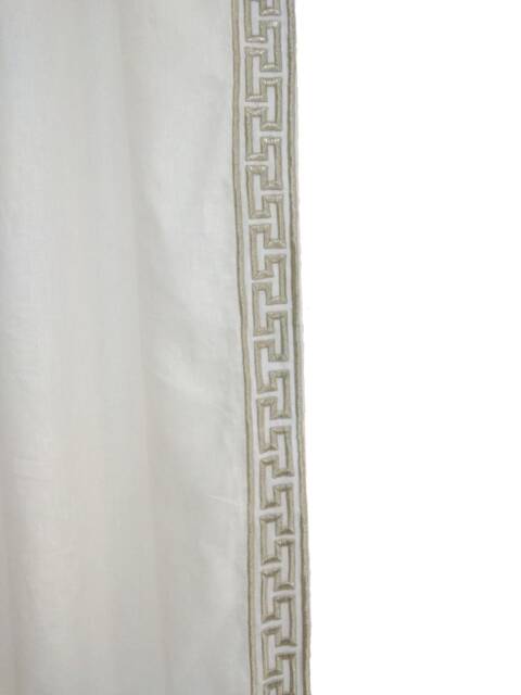 White Linen Curtain Drape, Greek Key Embroidery Curtain, Window Gold Drapes, Short Curtains, Door Drape - image 1