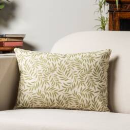 Willow Sprig Leaf Brushed Cotton & Linen Boudoir Cushion in Sage Green. Country Home Dainty Botanical Design. 17x12 - thumbnail 1