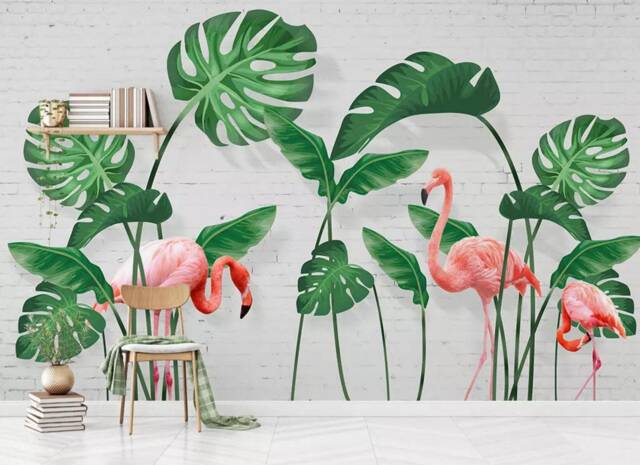 Flamingo Palm Leaf Wallpaper Mural, Tropical Wall Decor, Peel & Stick - image 1