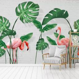 Flamingo Palm Leaf Wallpaper Mural, Tropical Wall Decor, Peel & Stick - thumbnail 2