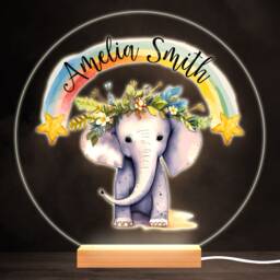 Elephant Rainbow Colourful Round Personalised Gift Led Lamp Night Light - Bedroom - thumbnail 1