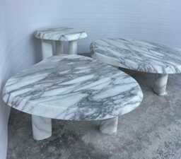 Arabescato Marble Coffee Table Set Sculptural Nesting Center Tables, Modern Stone Furniture - thumbnail 1