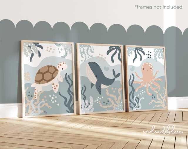 Set Of 3 Unframed Sea Animals Prints in Pastel Blues, Under The Ocean Nursery Prints, Octopus Turtle Whale Playroom - image 1
