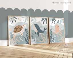 Set Of 3 Unframed Sea Animals Prints in Pastel Blues, Under The Ocean Nursery Prints, Octopus Turtle Whale Playroom - thumbnail 1