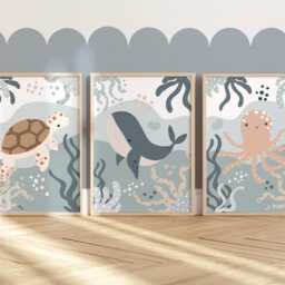 Set Of 3 Unframed Sea Animals Prints in Pastel Blues, Under The Ocean Nursery Prints, Octopus Turtle Whale Playroom - thumbnail 3