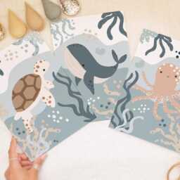 Set Of 3 Unframed Sea Animals Prints in Pastel Blues, Under The Ocean Nursery Prints, Octopus Turtle Whale Playroom - thumbnail 2
