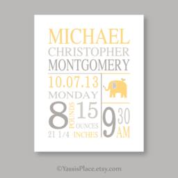 Elephant Birth Stats Print, Baby Boy Nursery Wall Decor, Yelow Gray Art, Vitals Print Or Canvas - thumbnail 1