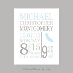 Elephant Birth Stats Print, Baby Boy Nursery Wall Decor, Yelow Gray Art, Vitals Print Or Canvas - thumbnail 2