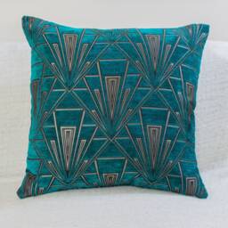 "Extra Large Art Deco Cushion. Luxury Velvet Chenille. Silver & Teal Blue. 23""x23"