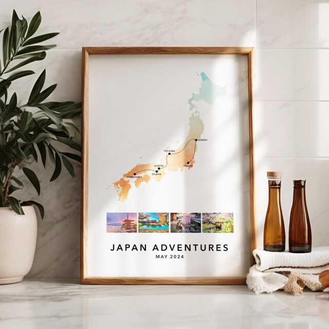 Japan Personalised Travel Map Print With Photo Collage Custom Poster Engagement Honeymoon Gift - image 1