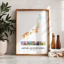 Japan Personalised Travel Map Print With Photo Collage Custom Poster Engagement Honeymoon Gift - thumbnail 1