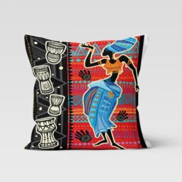 Colourful African Woman Dancing Cushion Cover, Ethnic Pillow Case, Authentic Motif Bedroom Throw Top - thumbnail 2