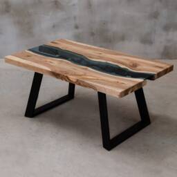 Custom Live Edge Table With Blue Glass, River Table, Walnut Coffee Unique Modern For Office - thumbnail 2