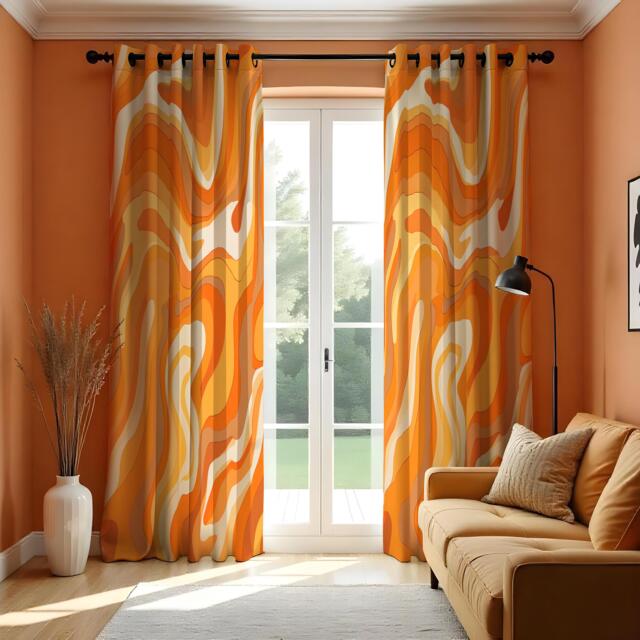 Orange Retro Wave Curtains, Mid-Century Modern Abstract Drapes, 70S Style Swirl Pattern Window Panels - image 1
