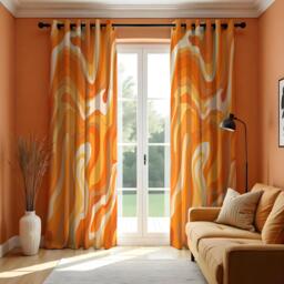 Orange Retro Wave Curtains, Mid-Century Modern Abstract Drapes, 70S Style Swirl Pattern Window Panels - thumbnail 1