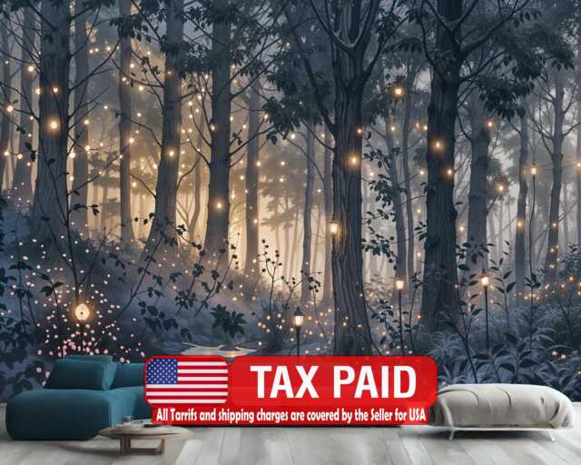 Magical Forest Wallpaper Mural, Purple Cyan Art Print, Easy-Install Peel & Stick - image 1