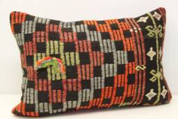 Turkish Kilim Lumbar Pillow Cover, Handmade Wool Ethnic Cushion - 16x24 Inch