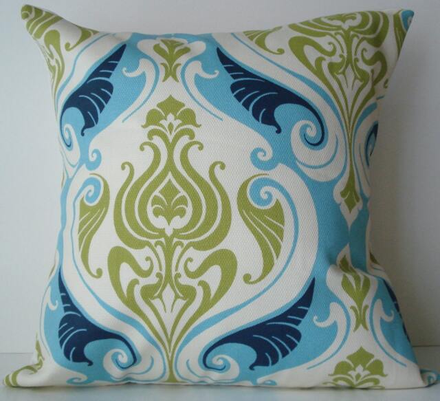 New 18x18 Inch Designer Handmade Pillow Case in Blue & Green Damask