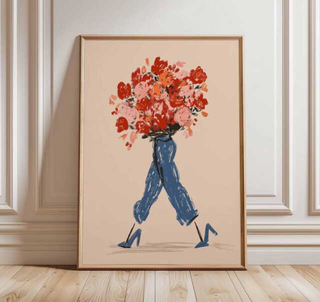 Fashion Wall Art Print, Modern Floral Illustration Poster, Woman With Bouquet Of Red Roses, Chic Contemporary Home Decor - image 1