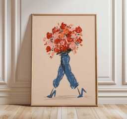 Fashion Wall Art Print, Modern Floral Illustration Poster, Woman With Bouquet Of Red Roses, Chic Contemporary Home Decor - thumbnail 1