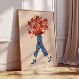 Fashion Wall Art Print, Modern Floral Illustration Poster, Woman With Bouquet Of Red Roses, Chic Contemporary Home Decor - thumbnail 2