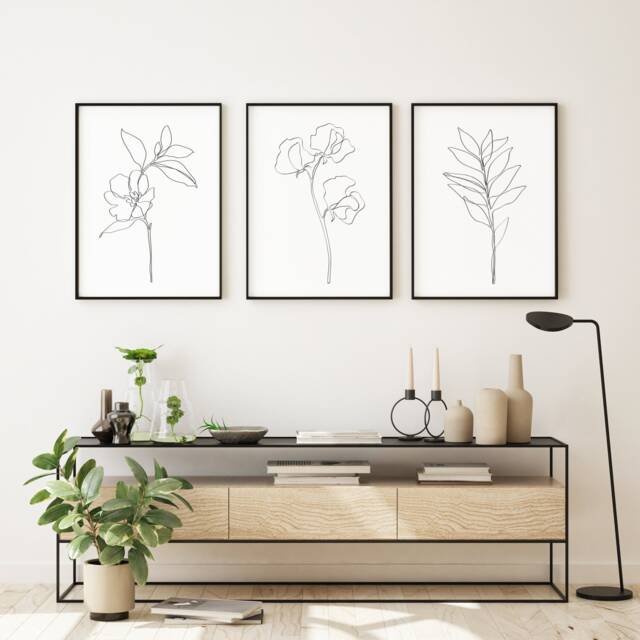 Black & White Floral Line Art Set Of 3 Unframed Prints. Art. Modern. Home. Wall Decor. Trendy. Framing - image 1