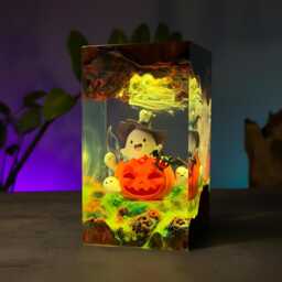Ghost Pumpkin Resin Night Light Whimsical Halloween Scene Lamp - thumbnail 2