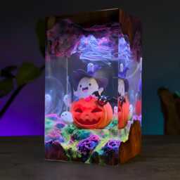 Ghost Pumpkin Resin Night Light Whimsical Halloween Scene Lamp - thumbnail 1