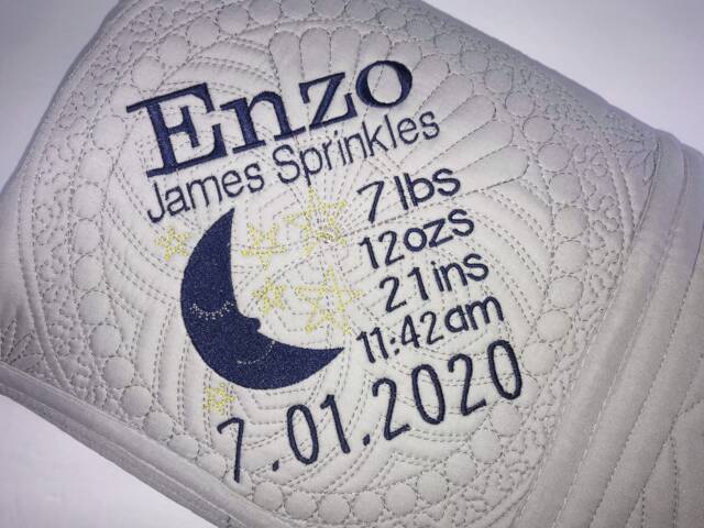 Personalized Birth Stat Baby Quilt - Custom Name Newborn Blanket Moon & Stars Nursery Keepsake Shower Gift Embroidered - image 1