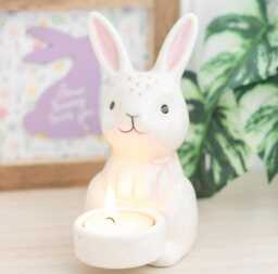 White Ceramic Bunny Candle Holder, Cottagecore Room Decor, Aesthetic Rabbit Figurine, Minimalist Spring Mantel Hand-Painted Pottery