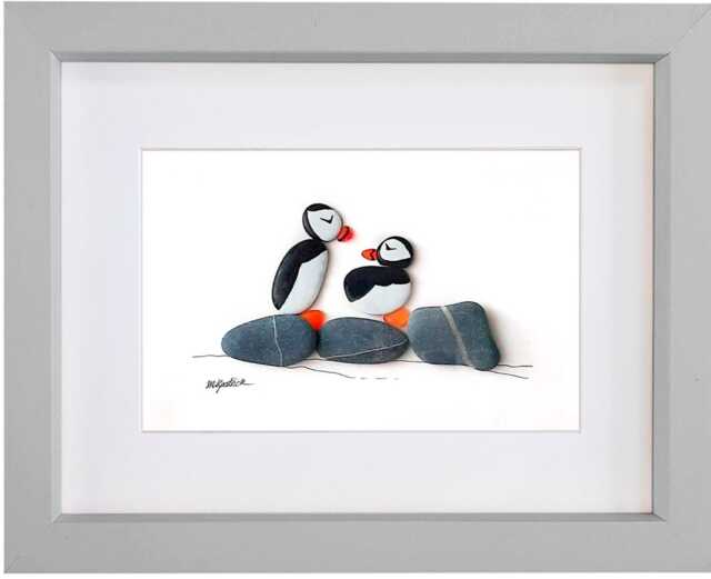 Puffins - Pebble & Sea Glass Picture Framed Handmade Art Wall Decor - image 1