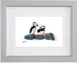 Puffins - Pebble & Sea Glass Picture Framed Handmade Art Wall Decor - thumbnail 1