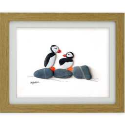 Puffins - Pebble & Sea Glass Picture Framed Handmade Art Wall Decor - thumbnail 3