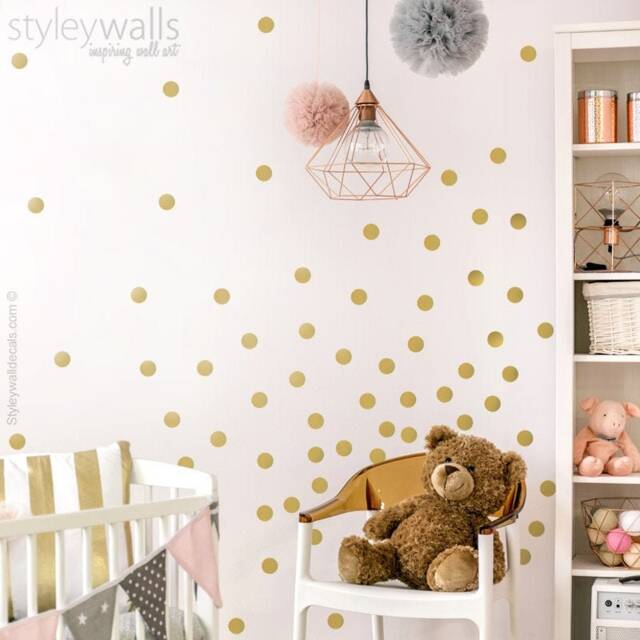 Gold Polka Dots Wall Decal, Golden Confetti Metallic Pattern Circles Nursery Kids Room Decals - image 1