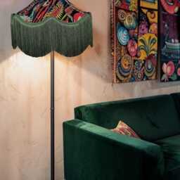 Black Botanical Velvet Lampshade Handmade Green Fringe Pendant Shade - thumbnail 2