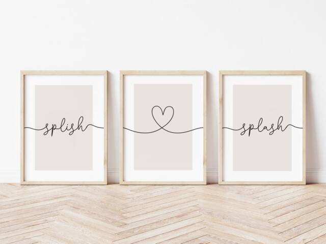 Bathroom Prints, Splish Splash, Set Of 3, Wall Art, Neutral Bath Print, Home, Soak Beige Home Decor - image 1