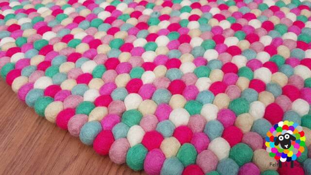 Felt Ball Rug Handmade Wool Rug, Pink Mint & White - image 1