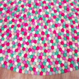Felt Ball Rug Handmade Wool Rug, Pink Mint & White - thumbnail 2