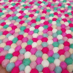 Felt Ball Rug Handmade Wool Rug, Pink Mint & White - thumbnail 3