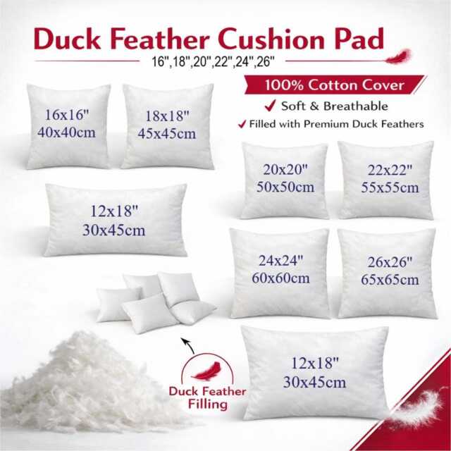 Duck Feather & Down Cushion Pads, Inserts, Inners, Scatter, Filler Deep Filled Plump Pillow 16, 18, 20, 22, 24, 26 - image 1