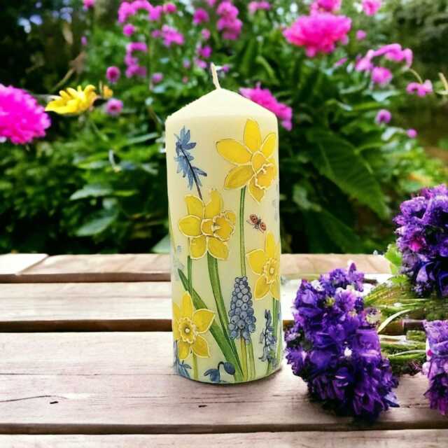 Hand-Decorated Wax Candle Ladybugs, Daffodils, Blue Flowers - Spring Decor - 16cm Tall - image 1