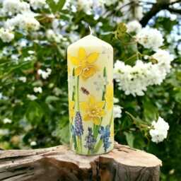 Hand-Decorated Wax Candle Ladybugs, Daffodils, Blue Flowers - Spring Decor - 16cm Tall - thumbnail 3