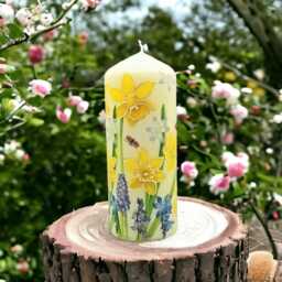 Hand-Decorated Wax Candle Ladybugs, Daffodils, Blue Flowers - Spring Decor - 16cm Tall - thumbnail 4