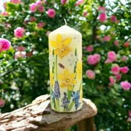 Hand-Decorated Wax Candle Ladybugs, Daffodils, Blue Flowers - Spring Decor - 16cm Tall - thumbnail 2