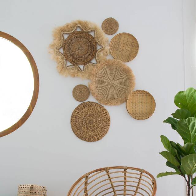Hand Woven Bamboo Wall Decor Set - Bohemian Rattan Plates, Of 7 - image 1