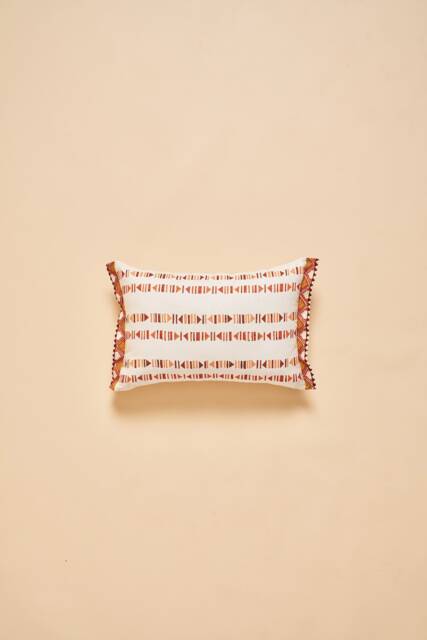 Uluwatu Block Printed Cotton Silk Lumbar Cushion Cover Embroidered Flange Edging- Orange/ Rust/ Terracotta/ White/Copper 15x22Inch - 38x55cm - image 1